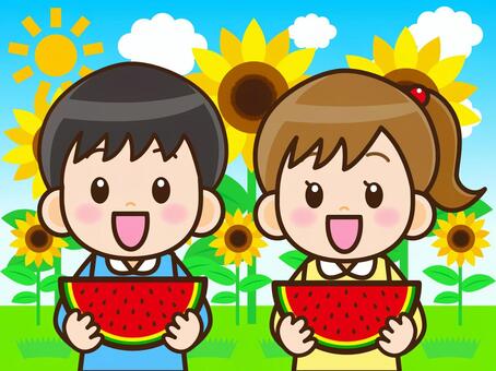 すいかを食べる子供のイラスト素材 子供,スイカ,果物,食べ物,野菜,ひまわり,太陽,男の子,女の子,小学生のイラスト素材