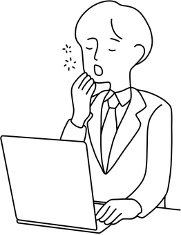 パソコン作業する男性　線画　あくび パソコン,タイピング,デスクワーク,仕事,テレワーク,在宅勤務,オンライン,男性,ビジネスマン,会社員のイラスト素材