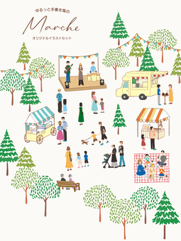 休日マルシェのイラストセット＊タテ型A マルシェ,マーケット,ファーマーズマーケット,休日,フェスティバル,祭り,手づくり市,ロハス,フリーマーケット,人物のイラスト素材