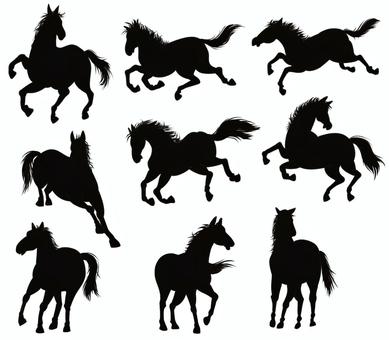 走る躍動する馬シルエット　⑥ 馬,シルエット,躍動,９種,斜め,横,午のイラスト素材