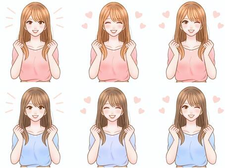 応援する大人女性のイラスト素材セット 応援,気合,女性,ロングヘアー,茶髪,黒髪,大人,美人,人物,お洒落のイラスト素材