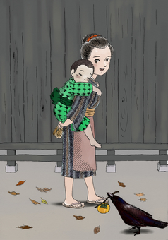 秋の子守歌 秋,子守,少女,幼児,おんぶ,カラス,柿,日本,戦前,板塀のイラスト素材