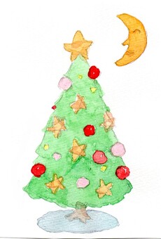 クリスマスツリーと三日月 手描き,水彩画,クリスマスツリー,三日月,かわいいのイラスト素材