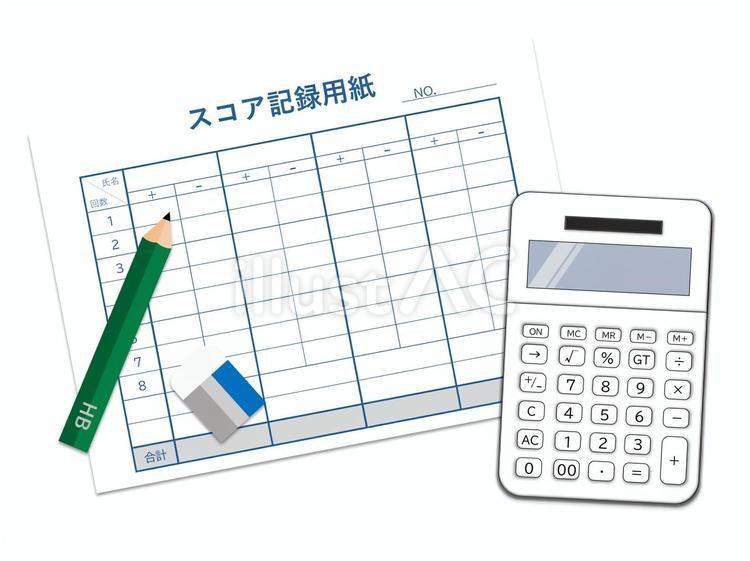 麻雀点数記録セット　用紙と筆記用具と電卓 点数記録,麻雀,三麻のイラスト素材