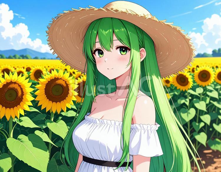 ヒマワリ畑の中で 人物,女性,ヒマワリのイラスト素材