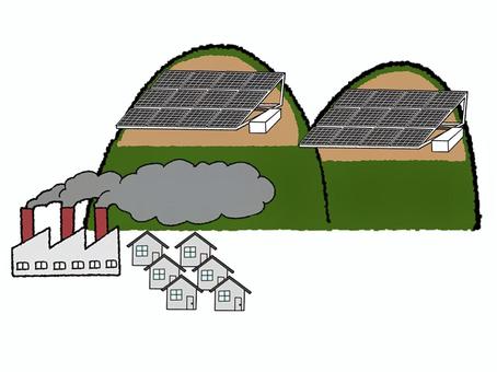 山 山 山,太陽光発電パネル,家,工場,pop調,手描き,挿絵,ワンポイント,素材,商用可のイラスト素材