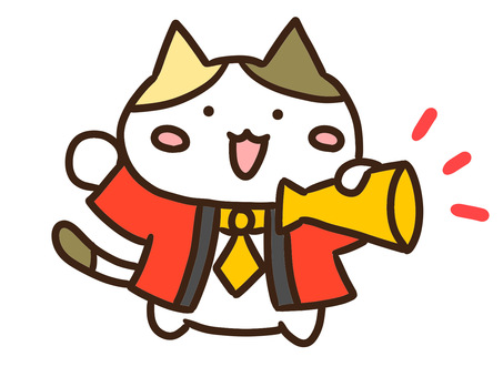 はっぴ&メガホンで当選を伝える三毛猫 はっぴ,メガホン,当選,ねこ,伝える,お知らせ,案内,元気,かわいい,手書きのイラスト素材