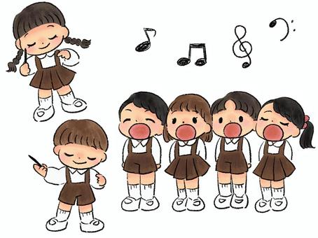 こどもたちの音楽会2（カラー） 音楽,指揮,合唱,歌,幼稚園,保育園,学校,制服,音符,女の子のイラスト素材