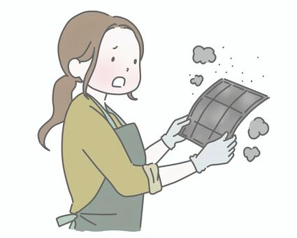 エアコンフィルター掃除で驚く主婦 女性,主婦,母親,掃除,大掃除,家事,エアコン,フィルター,汚い,汚れのイラスト素材