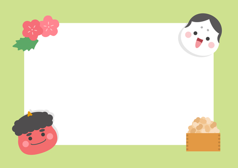 節分のかわいい鬼とお多福のフレーム、黄緑 節分のかわいい鬼とお多福のフレーム、黄緑 節分,鬼,豆,フレーム,背景,あしらい,飾り,飾り枠,コピースペース,節分豆のイラスト素材