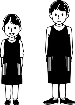 白黒・エプロン姿の男女 モノクロ,白黒,大人,男性,女性,男女,ペア,おそろい,一つ結び,全身のイラスト素材