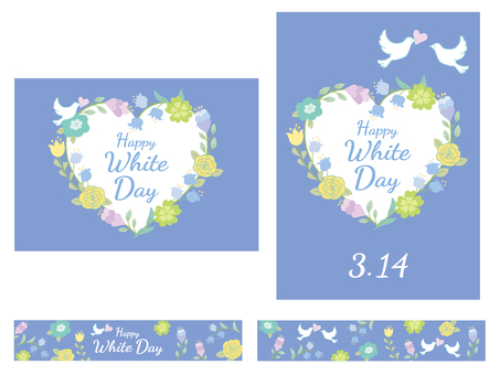 ホワイトデーポスターセット　花ブルー ホワイトデー,ハッピー,花,フラワー,鳩,鳥,ハート,バラ,スズラン,かわいいのイラスト素材