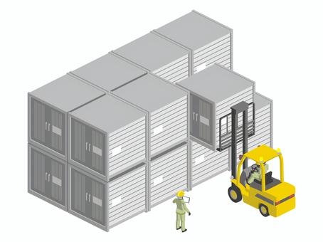 コンテナの積み降ろしB（カラー） コンテナ,貨物,積み降ろし,倉庫,保管,フォークリフト,運搬,作業員,オペレーター,ダイメトリックのイラスト素材