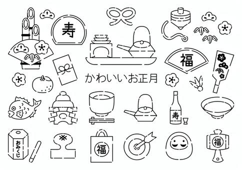 かわいいお正月シンプル点線画イラスト かわいいお正月シンプル点線画イラスト 冬,お正月,縁起物,寿,福,お年玉,扇子,みかん,松,竹のイラスト素材