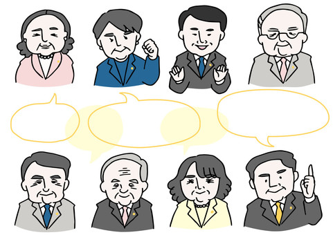 発言するスーツ姿の中高年男女アイコン 人物,中高年,中年,高齢者,男性,女性,スーツ,会社員,役員,重役のイラスト素材