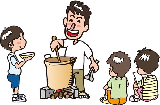 野外炊き出し001 野外教室,アウトドア,お鍋,炊き出し,キャンプ,合宿のイラスト素材