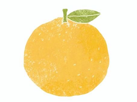 葉付きユズの手描きテクスチャイラスト 柚子,冬至,黄色,葉,緑,果実,手描き,可愛い,レトロ,ワンポイントのイラスト素材