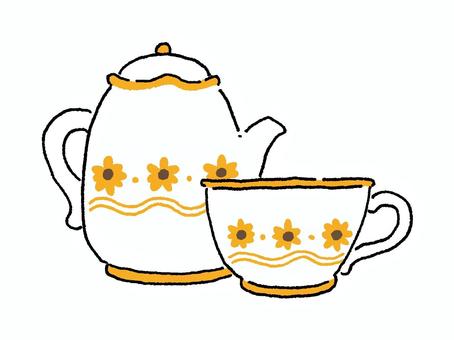 夏のティーカップ&ティーセット ティーカップ,ティーセット,ティーポット,夏,ひまわり,お茶,ティータイム,アフタヌーンティー,食器,テーブルセッティングのイラスト素材