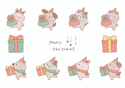 クリスマスセット クリスマス,プレゼント,犬,猫,うさぎ,くま,動物,サンタ,帽子,冬のイラスト素材
