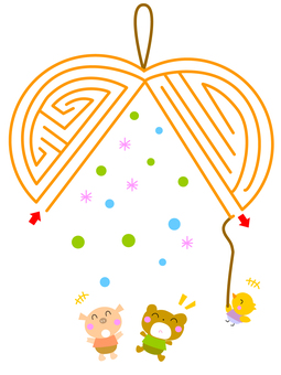 くす玉の迷路 迷路,かわいい,くす玉,楽しい,明るい,動物,ブタ,くま,ひよこ,お祝いのイラスト素材