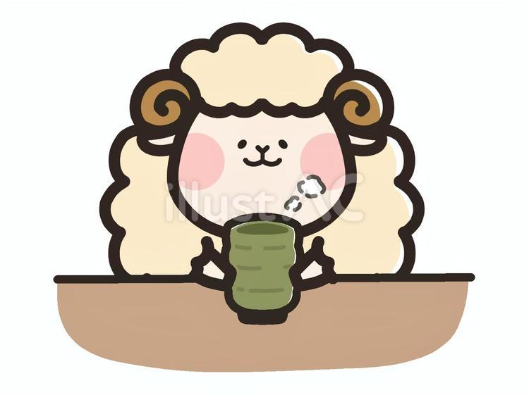 お茶を飲んでほっこりするひつじ ひつじ,羊,キャラクターのイラスト素材