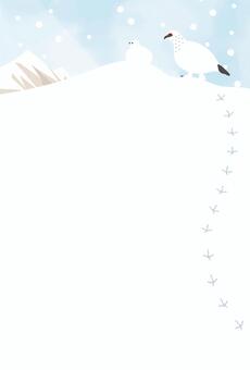 かわいい冬のお便りイラスト-雪山の雷鳥- 寒中お見舞い,挨拶状,ポストカード,ハガキ,冬,季節,雷鳥,鳥,雪山,山のイラスト素材