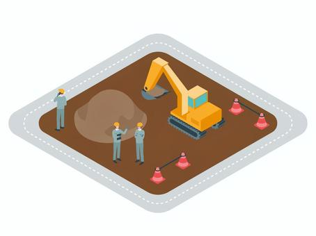 アイソメトリック_工事現場全体図 アイソメトリック_工事現場全体図 アイソメトリック,立体,アイソメ,斜め上,シャベルカー,作業員,人物,カラーコーン,道路,現場のイラスト素材