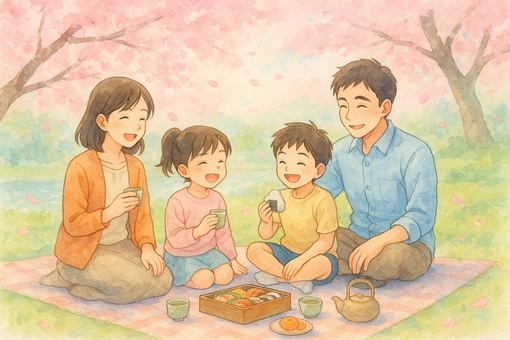 水彩画風の家族団欒の風景イラスト