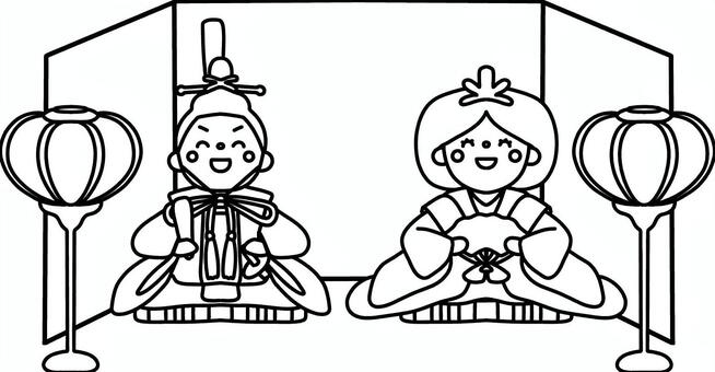 お雛様とお内裏様とぼんぼりと屏風イラスト 雛祭り,お雛様,お内裏様,ひなまつり,3月,ひな祭り,線画,二人,並んでる,白黒のイラスト素材