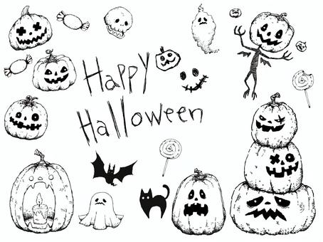 手書き風ハロウィンセット 線画 ハロウィン,ジャックオランタン,線画,塗り絵,ホラー,かぼちゃ,おばけ,ゴースト,こうもり,猫のイラスト素材