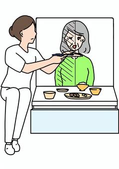 麻痺側から食事介助　ベッド上カラー 麻痺,脳梗塞,介護,食事介助,危険,看護師,白衣,女性,おばあさん,高齢者のイラスト素材