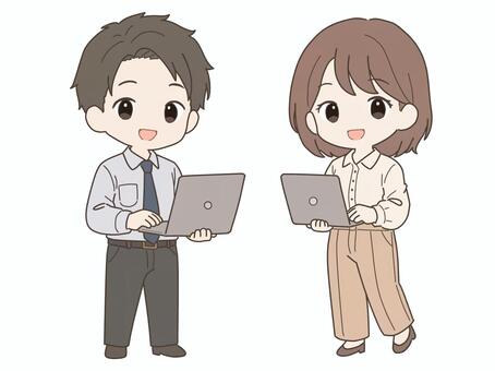 パソコンで仕事をする男女 ビジネス,仕事,会社員,社員,男女,男性,女性,パソコン,ノートパソコン,仕事風景のイラスト素材