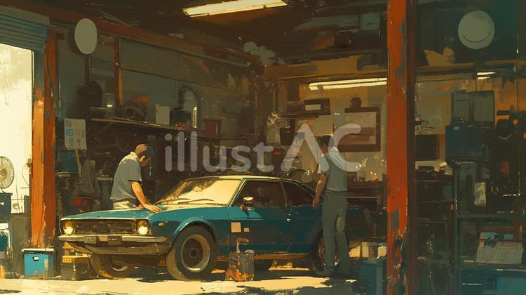青い車と修理工場 車,修理,整備のイラスト素材