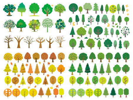 いろんな木のセット 木,森,緑,森林,樹木,林,新緑,葉っぱ,植物,樹のイラスト素材