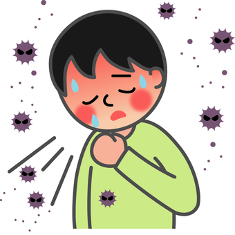 浮遊するウイルスと咳き込む発熱の男の子 男の子,苦しい,咳き込む,手,当てる,発熱,高熱,ほてり,発汗,辛いのイラスト素材