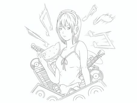 スイカを食べる音楽好きの女子(モノクロ)