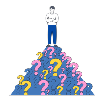 疑問に囲まれ立ち尽くす男性の思考中姿 疑問に囲まれ立ち尽くす男性の思考中姿 人物,男性,思考,疑問,問題,課題,表情,山,はてな,考察のイラスト素材