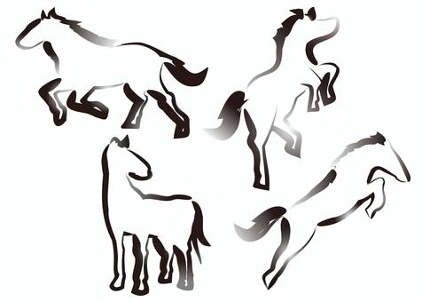 午　筆書イラストセット　薄墨 午,筆,絵,馬,墨,年賀状,薄墨,黒,リアル,干支のイラスト素材