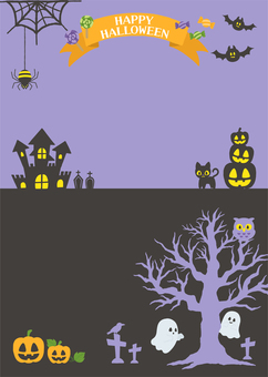 イラスト背景：ハロウィン森と洋館_A4縦 ハロウィン,背景,フレーム,手書き,ジャックオーランタン,a4,縦,カット,デフォルメ,テキストエリアのイラスト素材