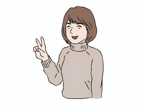 笑顔でピースサインをする女性 女性,ボブヘアー,セーター,ピース,笑顔,若者,ポートレート,ピースサインのイラスト素材