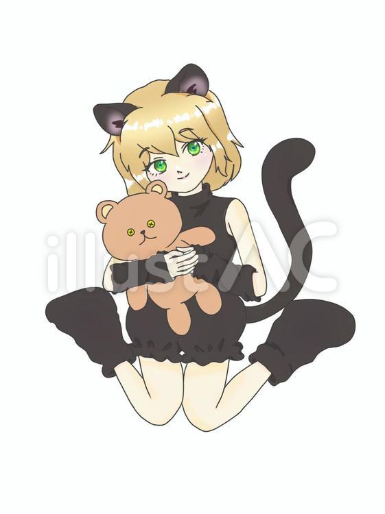 黒猫のコスプレをした緑の目の女の子 女の子,萌え系,黒猫のイラスト素材