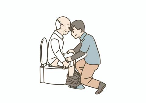 トイレ中に配慮する排泄介助 介護,介護士,介護福祉士,ヘルパー,介助,排泄,排泄介助,トイレ,高齢者,お年寄りのイラスト素材