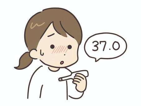 微熱のある体温計を持った私服の若い女性 女性,風邪,体温計,熱,体調不良,病気,人物,人,20代,女のイラスト素材
