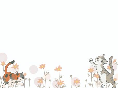 コスモスとねこ コスモス,猫,生き物,ペット,花,秋,手書き,水彩,ベクター,白背景のイラスト素材