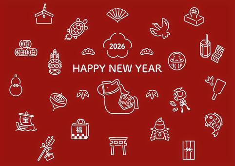 2026年お正月の白線アイコンセット 午年,お正月,2026年,1月,馬,年始,新年,元旦,縁起物,冬のイラスト素材