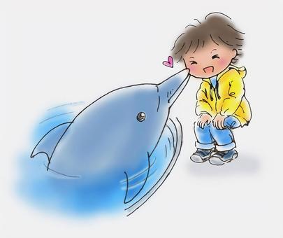 イルカキッス1 イルカ,子供,プール,ふれあい,キス,癒し,ハート,水,楽しい,生き物のイラスト素材