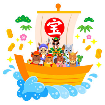 午年の宝船 午年,午,馬,宝船,七福神,動物,十二支,福,和,迎春のイラスト素材