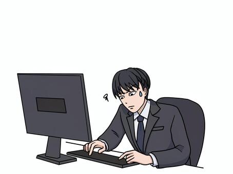 キーボード操作が苦手で慌てるスーツ男性 タイピング,パソコン,スーツ,男性,できない,焦る,ビジネス,デスクワーク,事務,業務のイラスト素材