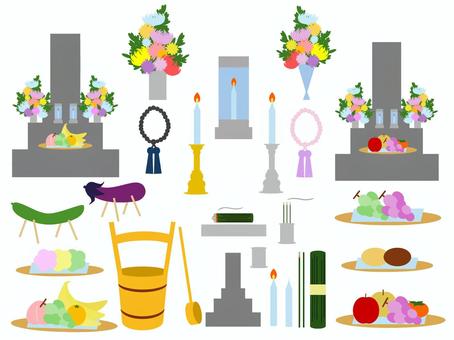 お墓参りのイラストセット～お盆・お彼岸 お参り,お盆,お彼岸,セット,仏具,お供え物,花,菊,花束,仏花のイラスト素材