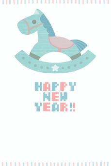 木馬の午年年賀状（縦型） 年賀状,午年,木馬,ハッピーニューイヤー,はがき,縦型,縦向き,かわいい,メルヘン,ポップのイラスト素材